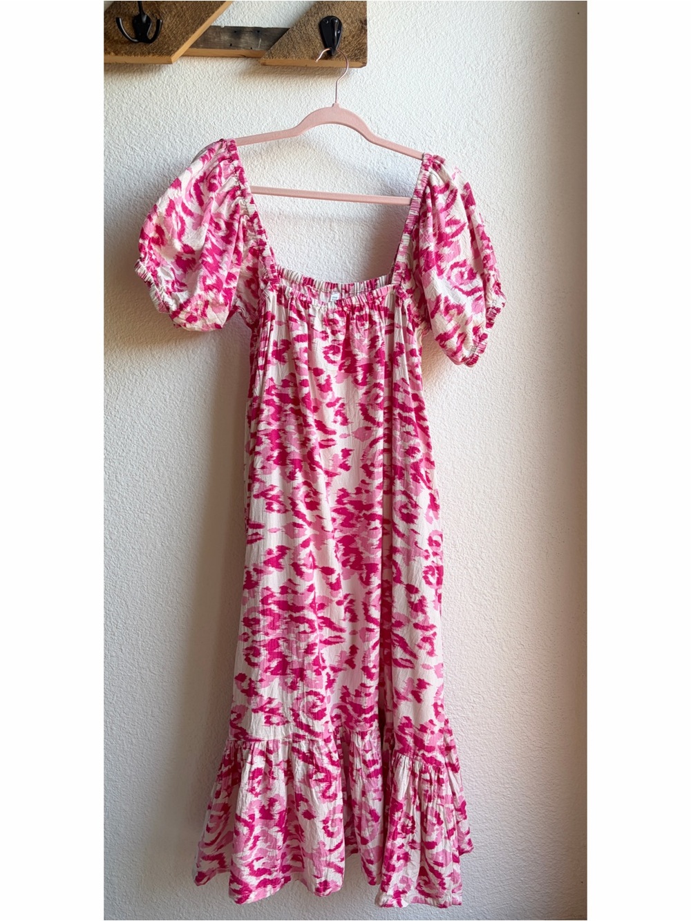 2Chic Pink Cotton Flax Ikat Print Puff Sleeve Midi Dress OS